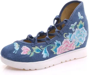 Qhome Women's Floral Butterfly Embroidery Comfortable Casual Walking Canvas Bandage Wedge Sandals Shoes