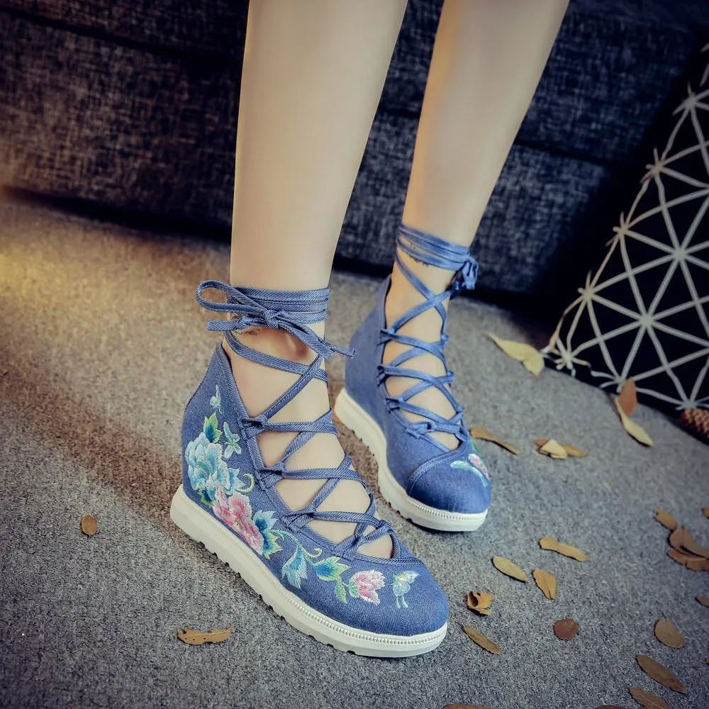 Qhome Women's Floral Butterfly Embroidery Comfortable Casual Walking Canvas Bandage Wedge Sandals Shoes