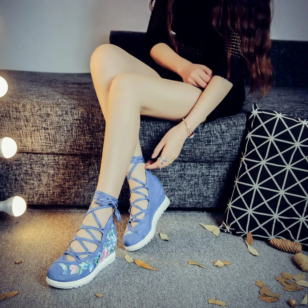 Qhome Women's Floral Butterfly Embroidery Comfortable Casual Walking Canvas Bandage Wedge Sandals Shoes