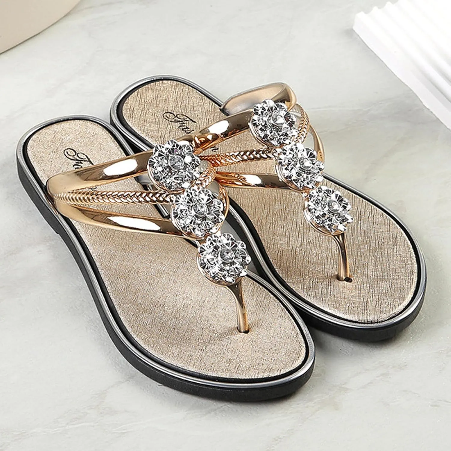 Rhinestone Flip Flops for Women Bohemian Slippers Flats Summer Beach Flat Sandals Comfort Clip Toe Slide Sandal