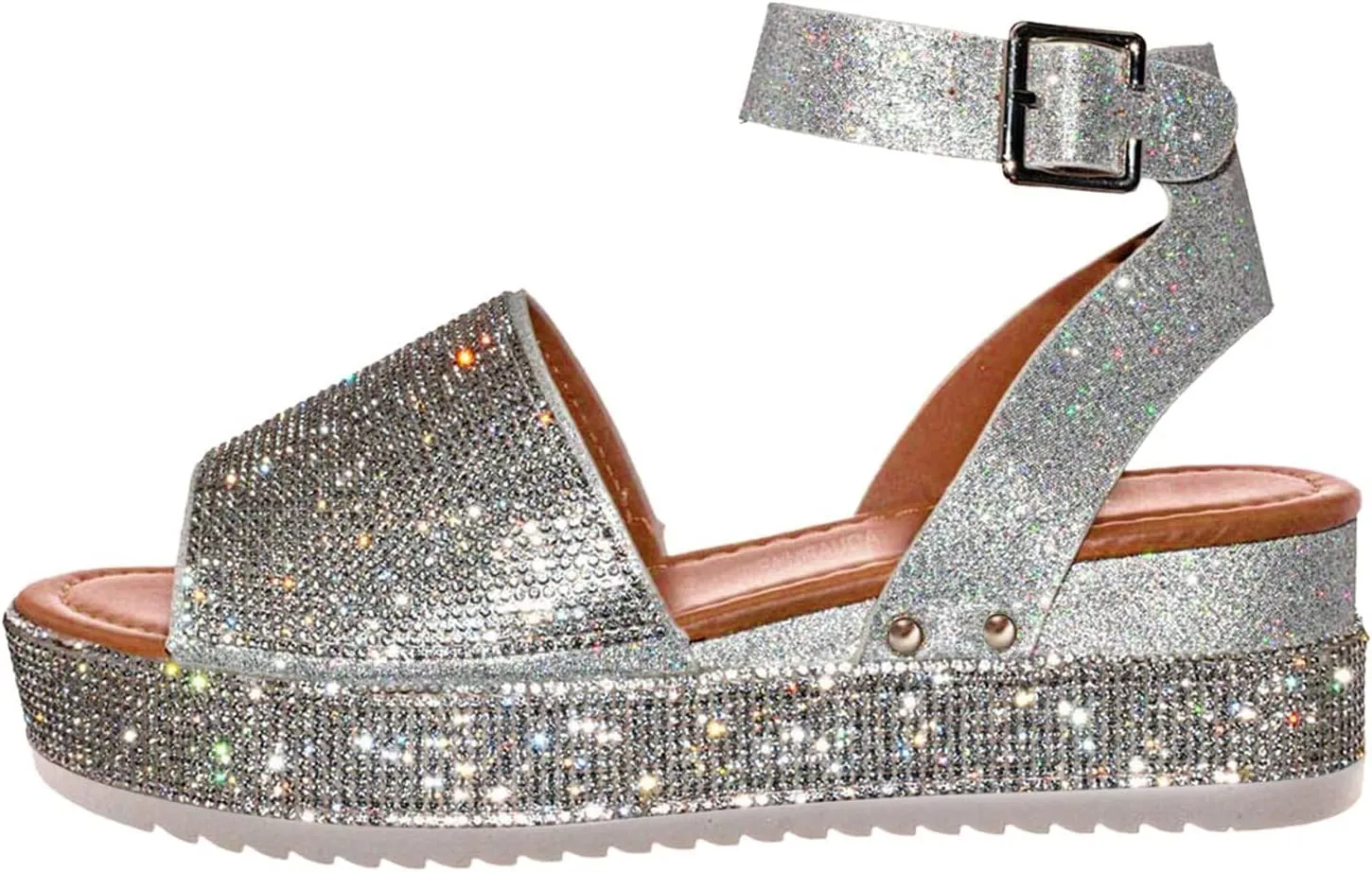 Rhinestone Glitter Flatform Sandal Women Summer Casual Dress Wedge Sandals Ankle Strap Buckle Open Toe Crystal Shoes Beach Banquet Flat Shoes