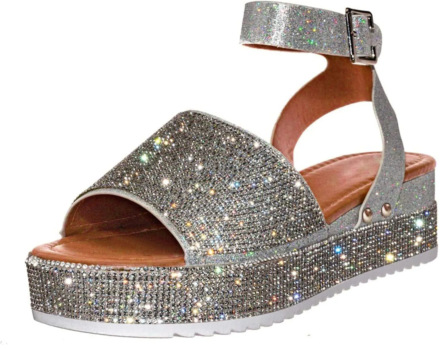 Rhinestone Glitter Flatform Sandal Women Summer Casual Dress Wedge Sandals Ankle Strap Buckle Open Toe Crystal Shoes Beach Banquet Flat Shoes