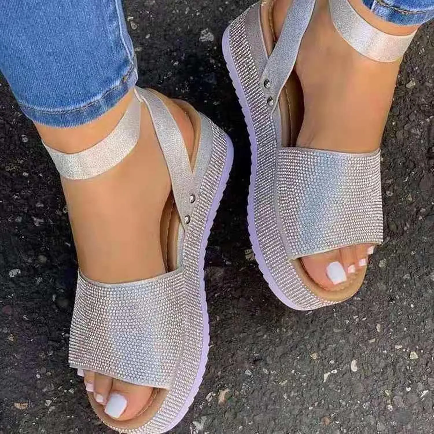 Rhinestone Glitter Flatform Sandal Women Summer Casual Dress Wedge Sandals Ankle Strap Buckle Open Toe Crystal Shoes Beach Banquet Flat Shoes