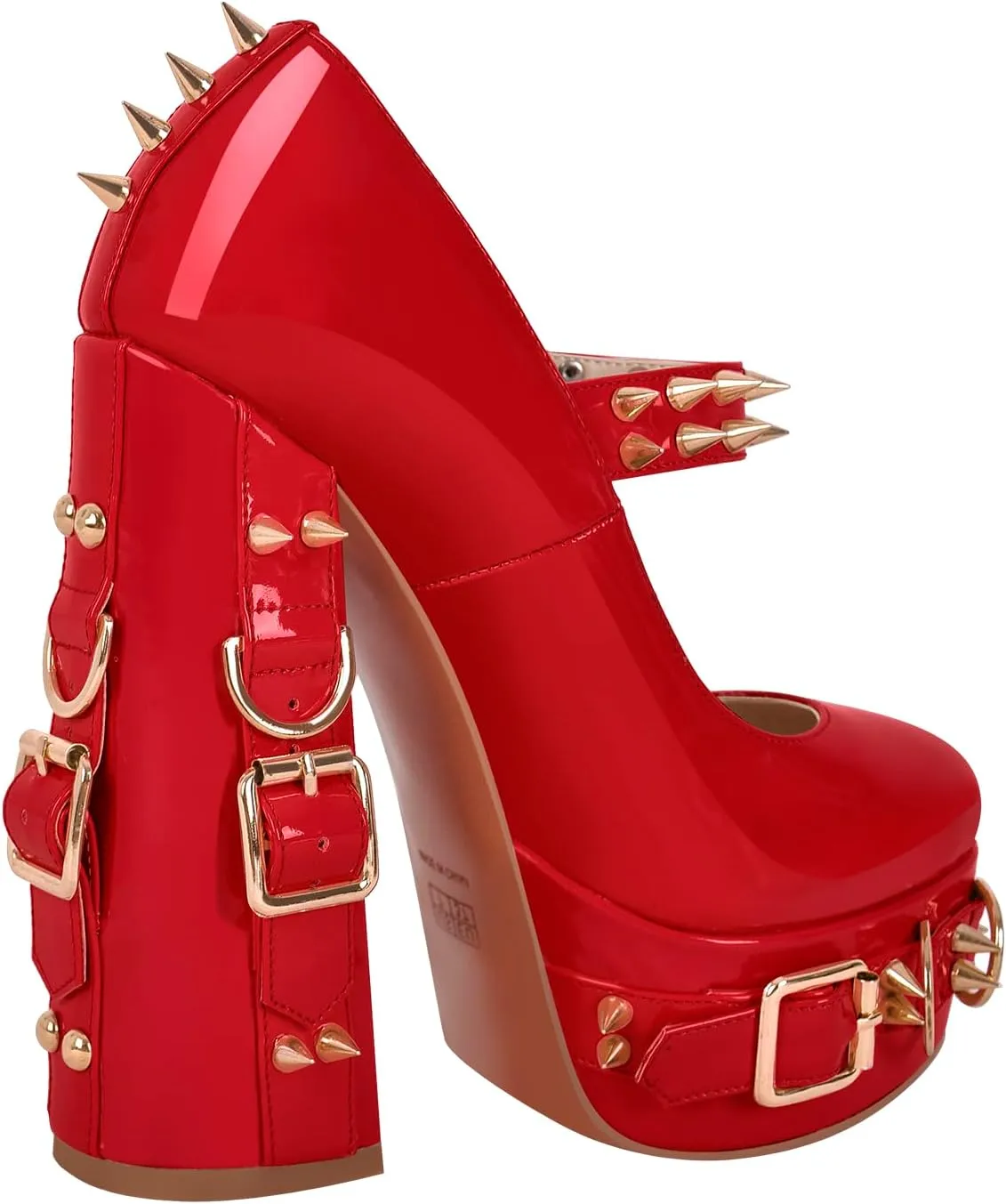 richealnini Women's Mary Jane Platform Pumps with Rivets Sexy Adjustable Ankle Buckle Up Block Heels