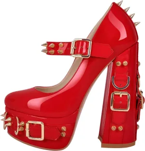 richealnini Women's Mary Jane Platform Pumps with Rivets Sexy Adjustable Ankle Buckle Up Block Heels
