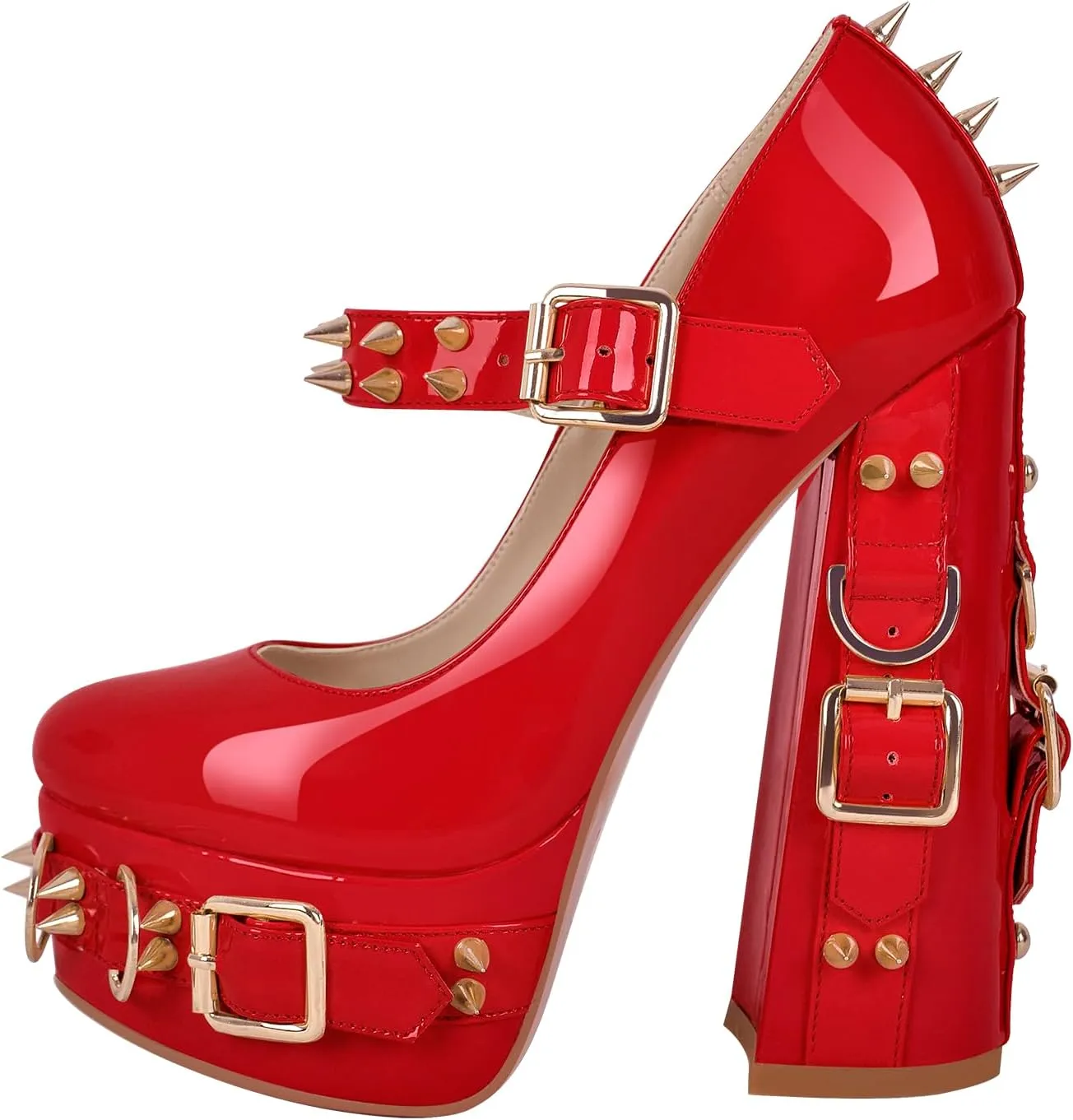richealnini Women's Mary Jane Platform Pumps with Rivets Sexy Adjustable Ankle Buckle Up Block Heels