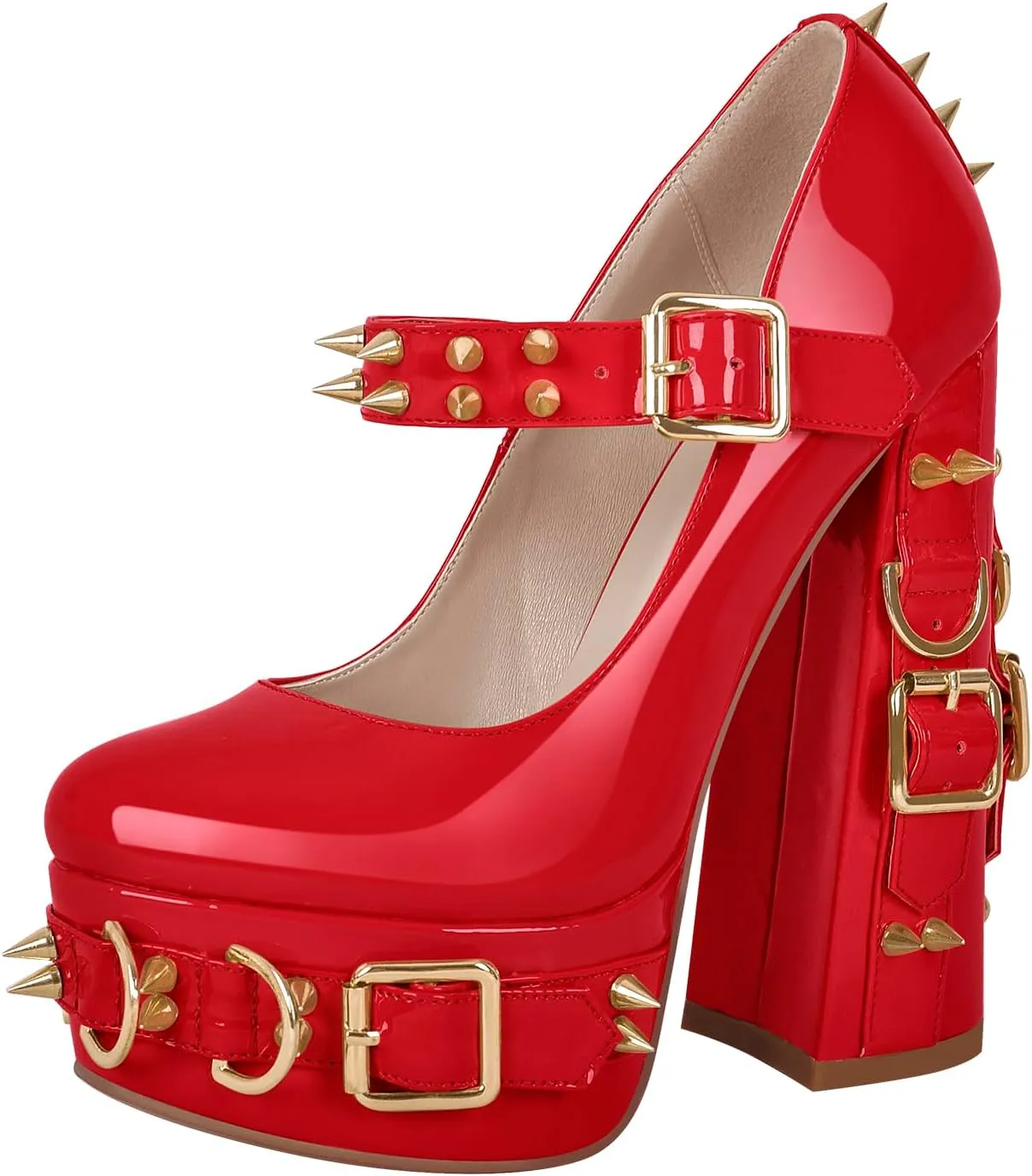 richealnini Women's Mary Jane Platform Pumps with Rivets Sexy Adjustable Ankle Buckle Up Block Heels
