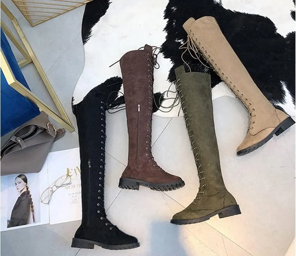 SACFOF Women's Over The Knee High Low Block Heel Riding Boots Suede Chunky Low Heel Lace up Boots Stretch Winter Long Boot