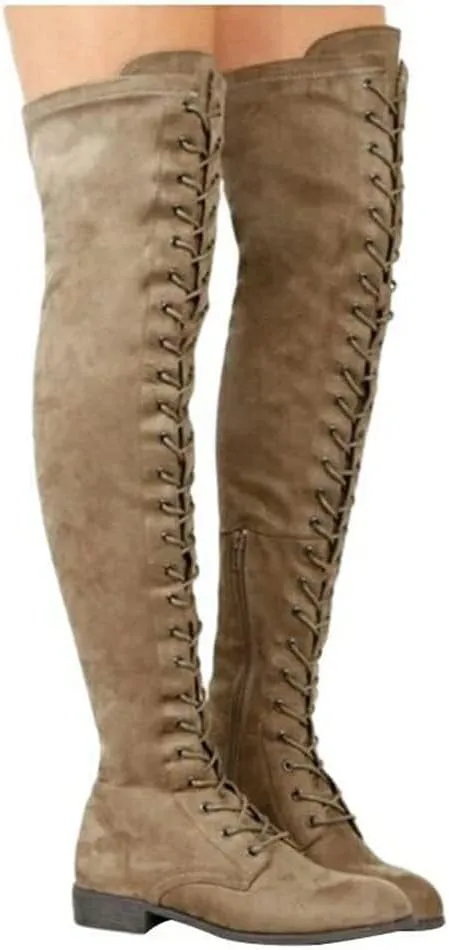 SACFOF Women's Over The Knee High Low Block Heel Riding Boots Suede Chunky Low Heel Lace up Boots Stretch Winter Long Boot