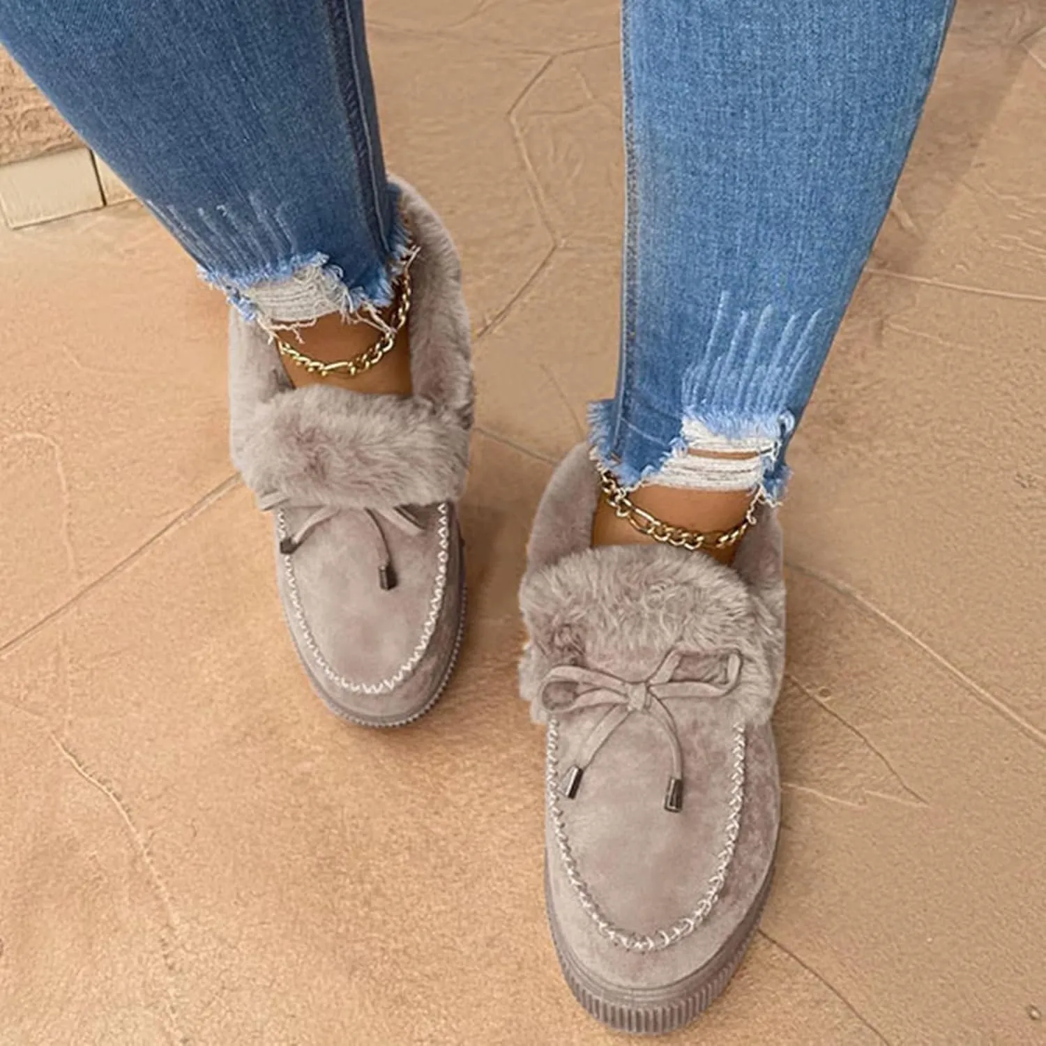 SACFOF Women's Winter Flat Boots Warm Durable Shoes Fur Lining Ankle Snow Boots Loafer Flats Platform Thick Plush Shoes