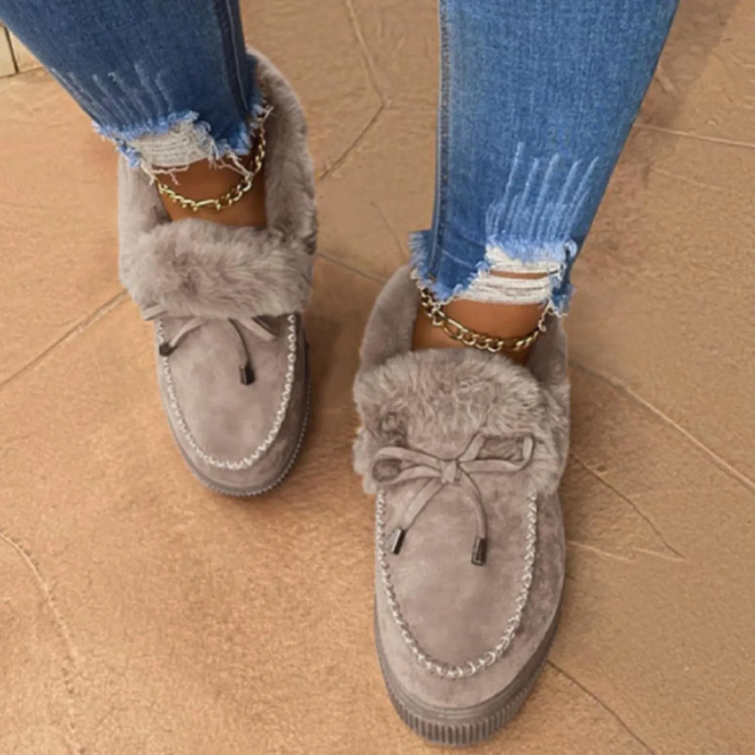 SACFOF Women's Winter Flat Boots Warm Durable Shoes Fur Lining Ankle Snow Boots Loafer Flats Platform Thick Plush Shoes