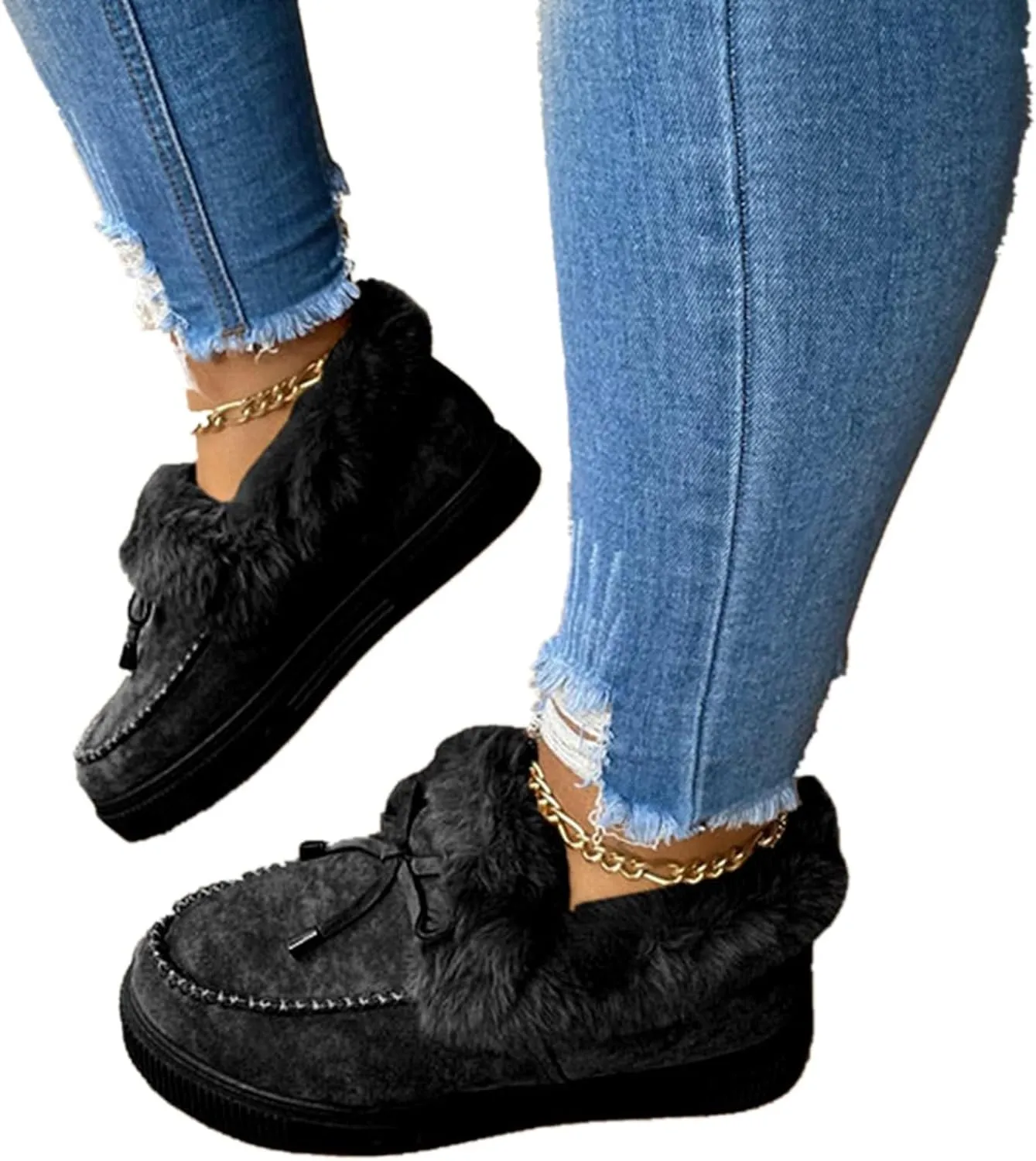 SACFOF Women's Winter Flat Boots Warm Durable Shoes Fur Lining Ankle Snow Boots Loafer Flats Platform Thick Plush Shoes