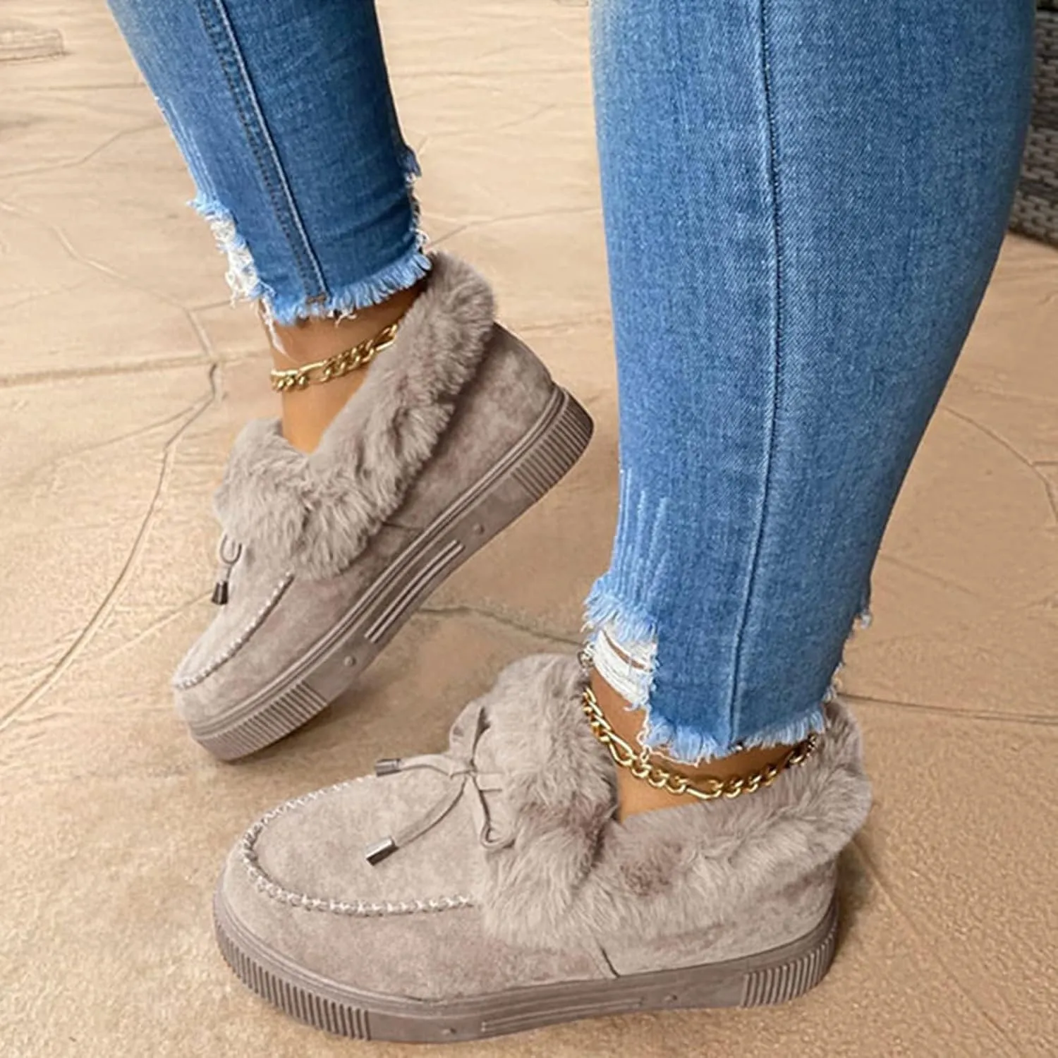 SACFOF Women's Winter Flat Boots Warm Durable Shoes Fur Lining Ankle Snow Boots Loafer Flats Platform Thick Plush Shoes