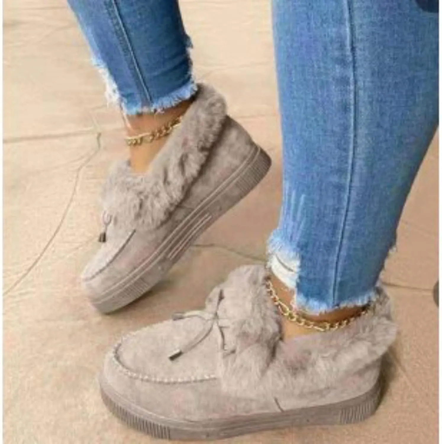 SACFOF Women's Winter Flat Boots Warm Durable Shoes Fur Lining Ankle Snow Boots Loafer Flats Platform Thick Plush Shoes