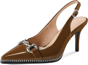 SAMMITOP Women Slingback High Heel Pumps Closed Pointed Toe Beaded Buckle Strap Slip On Stilettos 3.5 Inch Dress Pumps Shoes