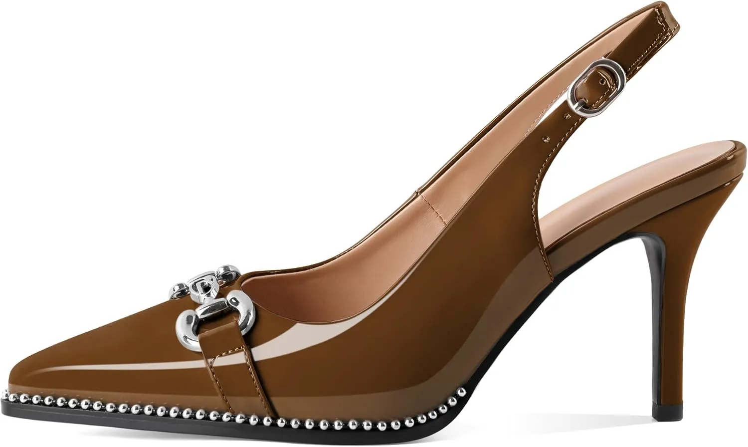 SAMMITOP Women Slingback High Heel Pumps Closed Pointed Toe Beaded Buckle Strap Slip On Stilettos 3.5 Inch Dress Pumps Shoes