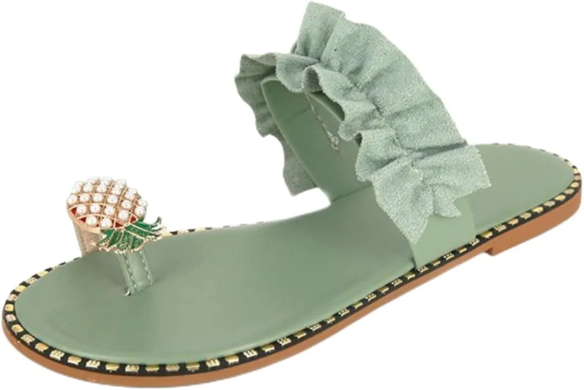 Sandals for Women Thong Women's Bohemia Bling Rhinestone Pearl Flat Sandals Clip Toe Sweet Cute Pineapple Sandal Ladies Lightweight Casual Beach Oceanside Flip Flops