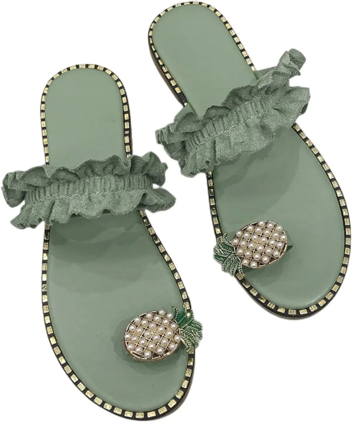 Sandals for Women Thong Women's Bohemia Bling Rhinestone Pearl Flat Sandals Clip Toe Sweet Cute Pineapple Sandal Ladies Lightweight Casual Beach Oceanside Flip Flops