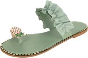 Sandals for Women Thong Women's Bohemia Bling Rhinestone Pearl Flat Sandals Clip Toe Sweet Cute Pineapple Sandal Ladies Lightweight Casual Beach Oceanside Flip Flops