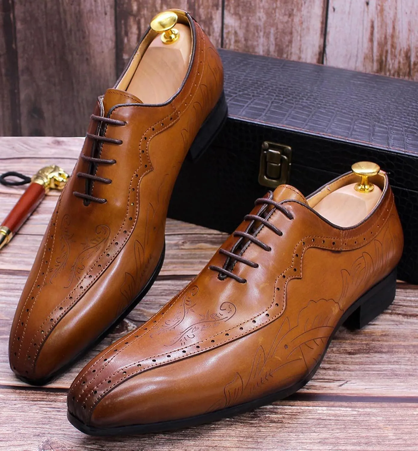 Santimon Mens Oxfords Genunie Leather Formal Dress Suit Shoes Wingtip Brogues Modern Luxury Derby Fashion Prom Wedding Business Casual Comfortable Tuxedo Shoes for Men