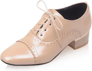 SHEMEE Women's Patent Leather Pointed Toe Flat Oxfords Pumps Vintage Wingtip Low Heels Lace Up Retro Brogues Dress Shoes