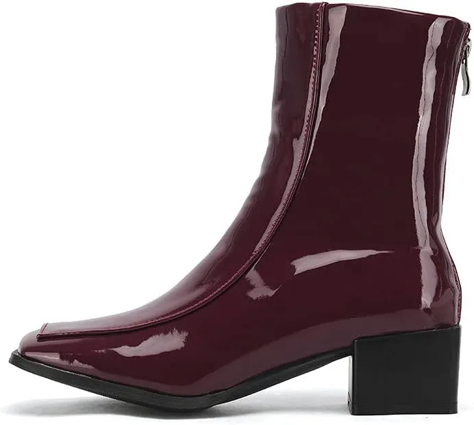Shinelly Women Mid Heel Square Toe Booties Patent Leather Boots