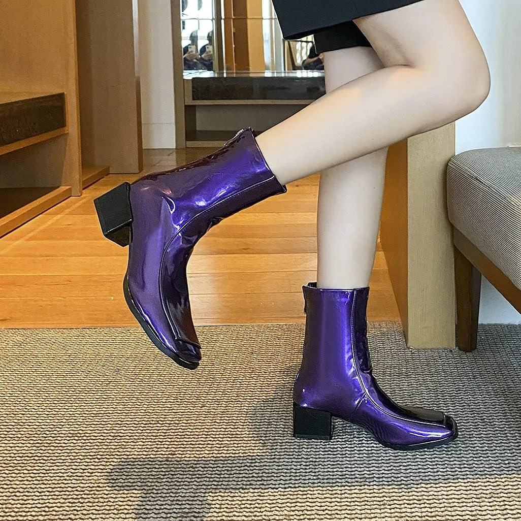 Shinelly Women Mid Heel Square Toe Booties Patent Leather Boots