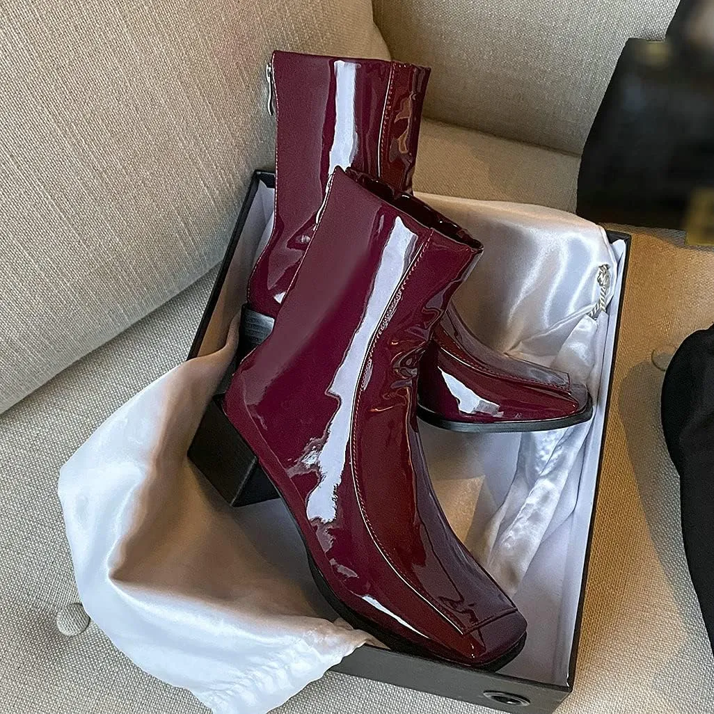 Shinelly Women Mid Heel Square Toe Booties Patent Leather Boots