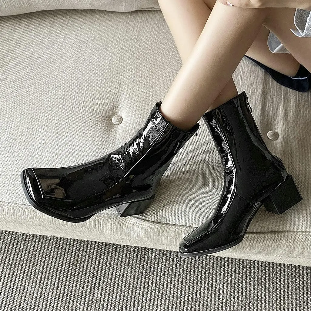 Shinelly Women Mid Heel Square Toe Booties Patent Leather Boots