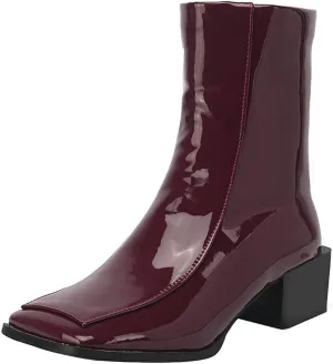 Shinelly Women Mid Heel Square Toe Booties Patent Leather Boots