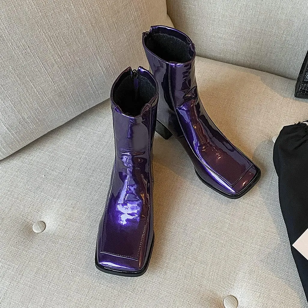 Shinelly Women Mid Heel Square Toe Booties Patent Leather Boots