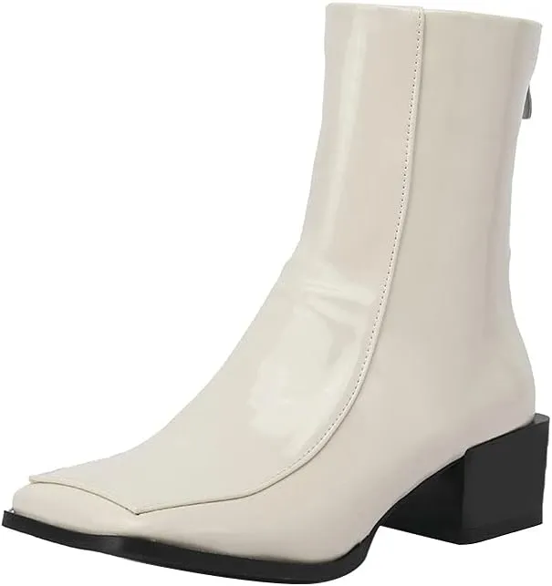 Shinelly Women Mid Heel Square Toe Booties Patent Leather Boots
