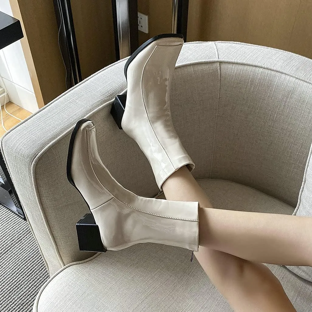 Shinelly Women Mid Heel Square Toe Booties Patent Leather Boots