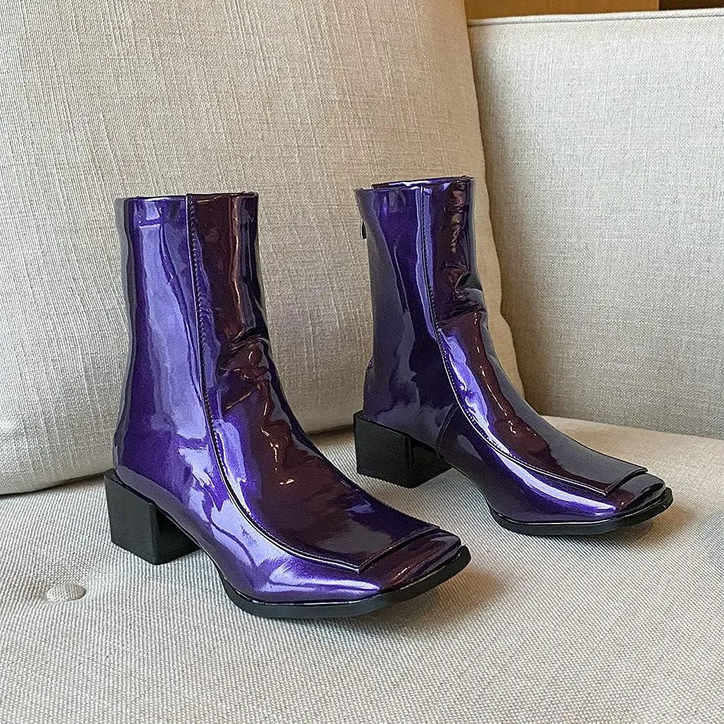 Shinelly Women Mid Heel Square Toe Booties Patent Leather Boots