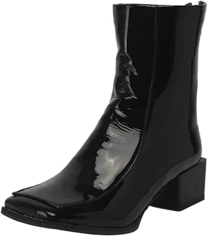 Shinelly Women Mid Heel Square Toe Booties Patent Leather Boots