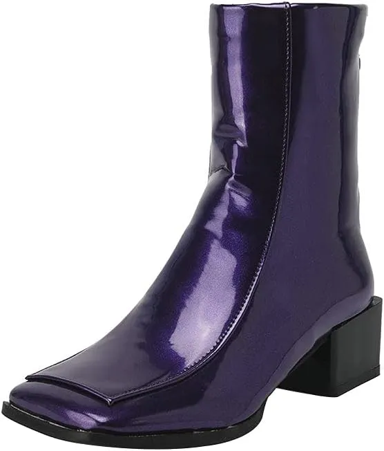 Shinelly Women Mid Heel Square Toe Booties Patent Leather Boots