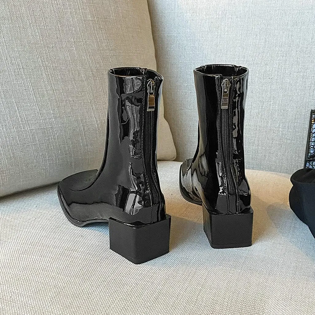 Shinelly Women Mid Heel Square Toe Booties Patent Leather Boots