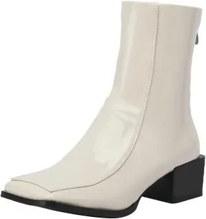 Shinelly Women Mid Heel Square Toe Booties Patent Leather Boots