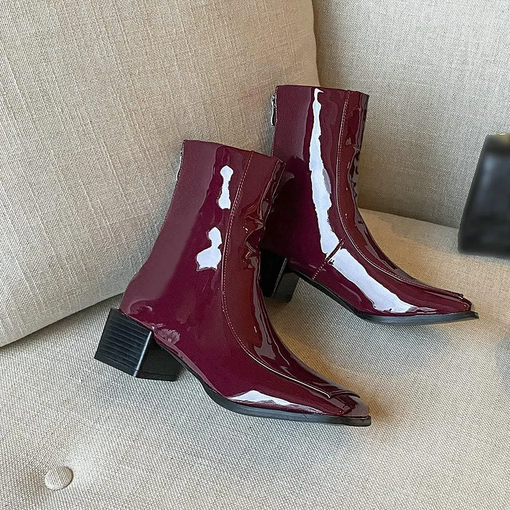 Shinelly Women Mid Heel Square Toe Booties Patent Leather Boots