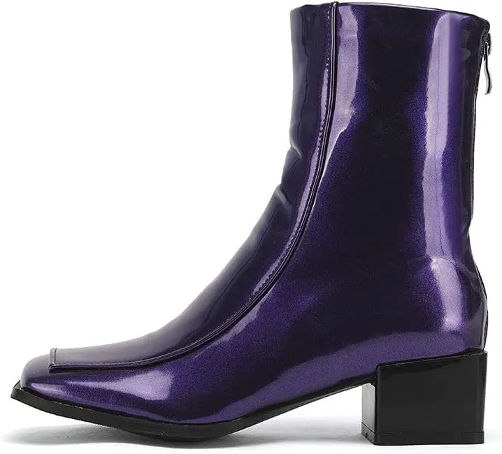 Shinelly Women Mid Heel Square Toe Booties Patent Leather Boots