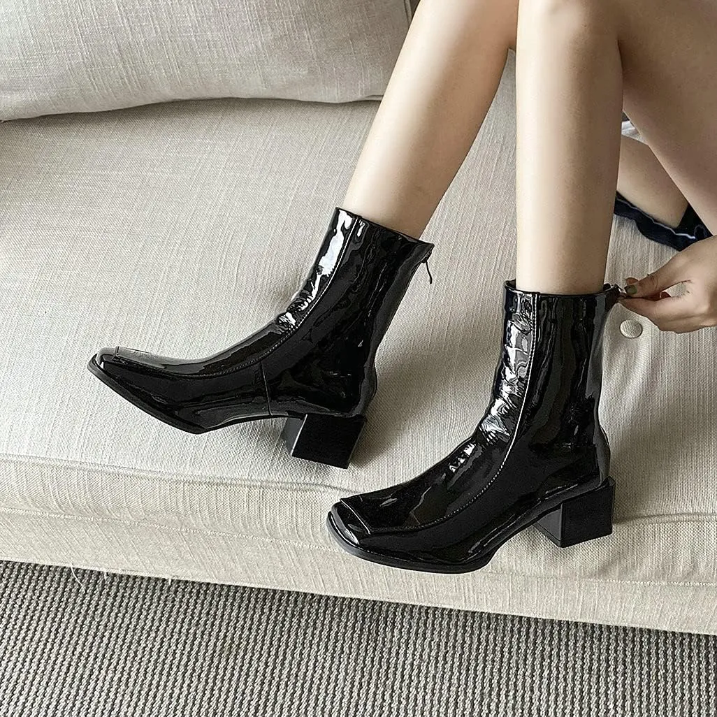 Shinelly Women Mid Heel Square Toe Booties Patent Leather Boots