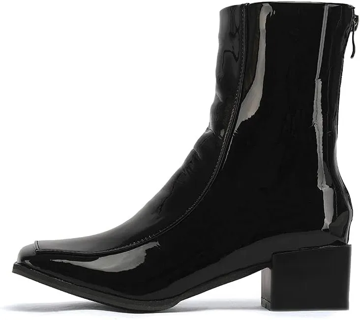 Shinelly Women Mid Heel Square Toe Booties Patent Leather Boots