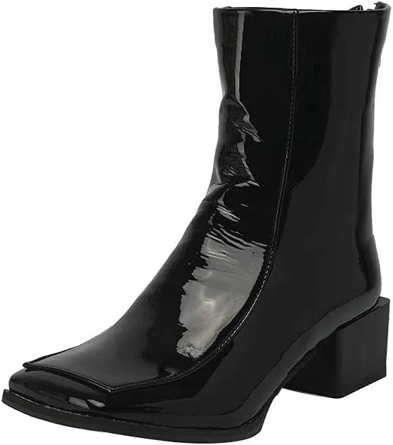 Shinelly Women Mid Heel Square Toe Booties Patent Leather Boots