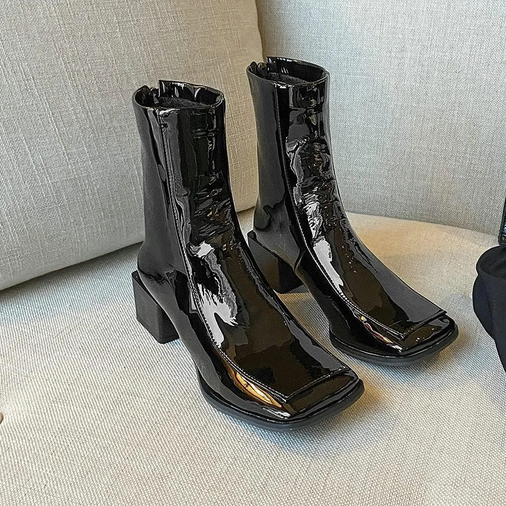 Shinelly Women Mid Heel Square Toe Booties Patent Leather Boots