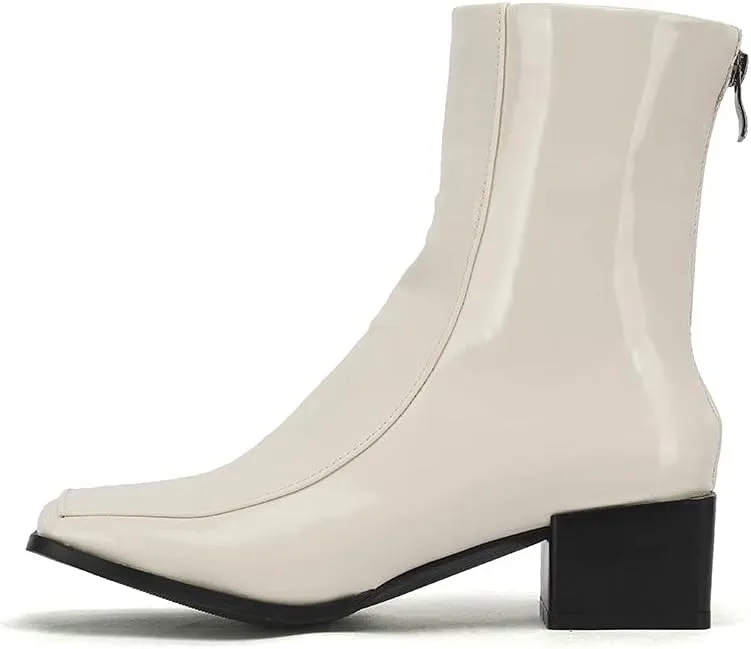 Shinelly Women Mid Heel Square Toe Booties Patent Leather Boots