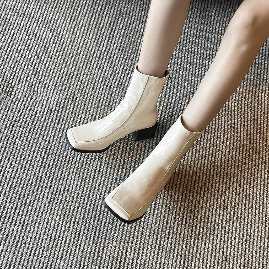 Shinelly Women Mid Heel Square Toe Booties Patent Leather Boots