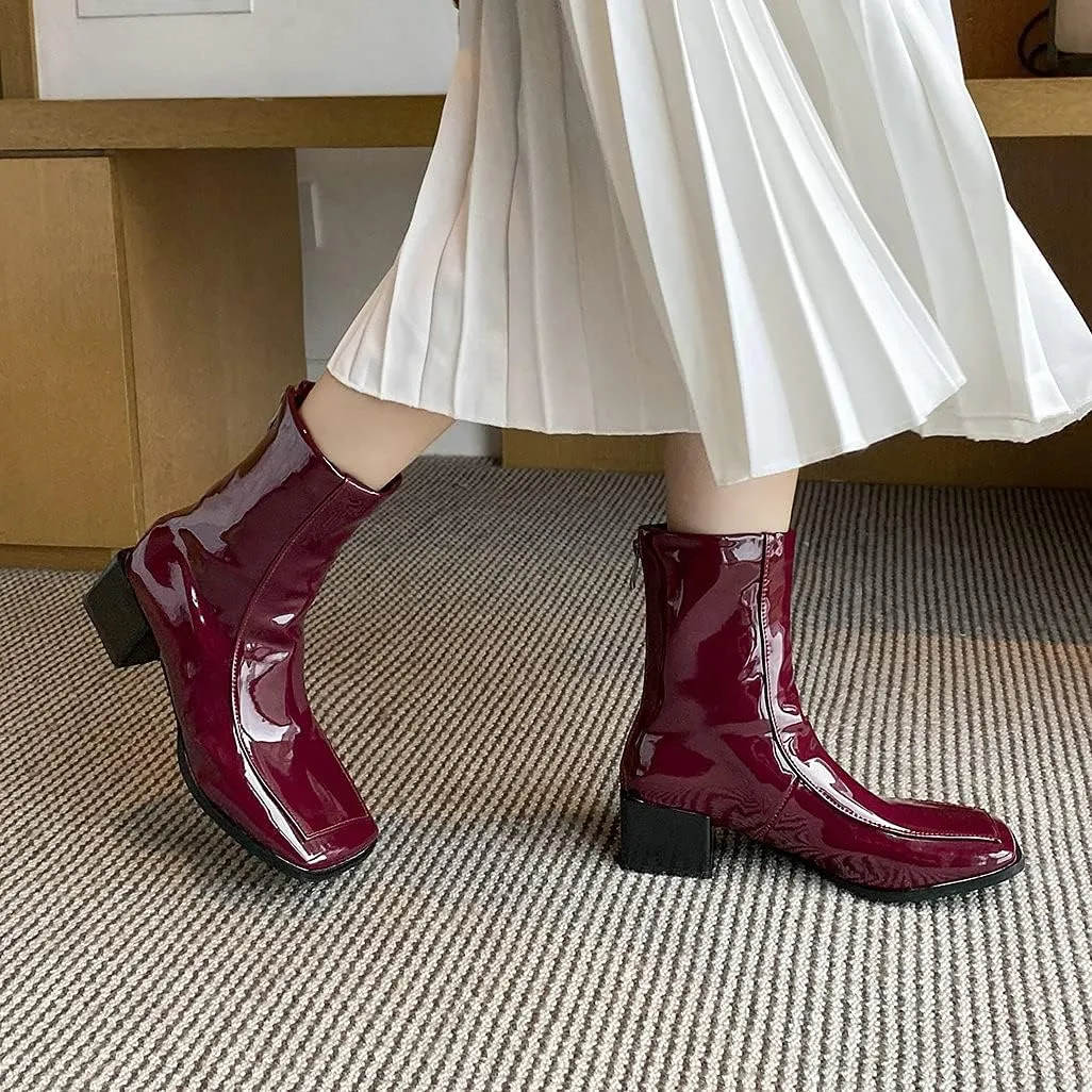 Shinelly Women Mid Heel Square Toe Booties Patent Leather Boots