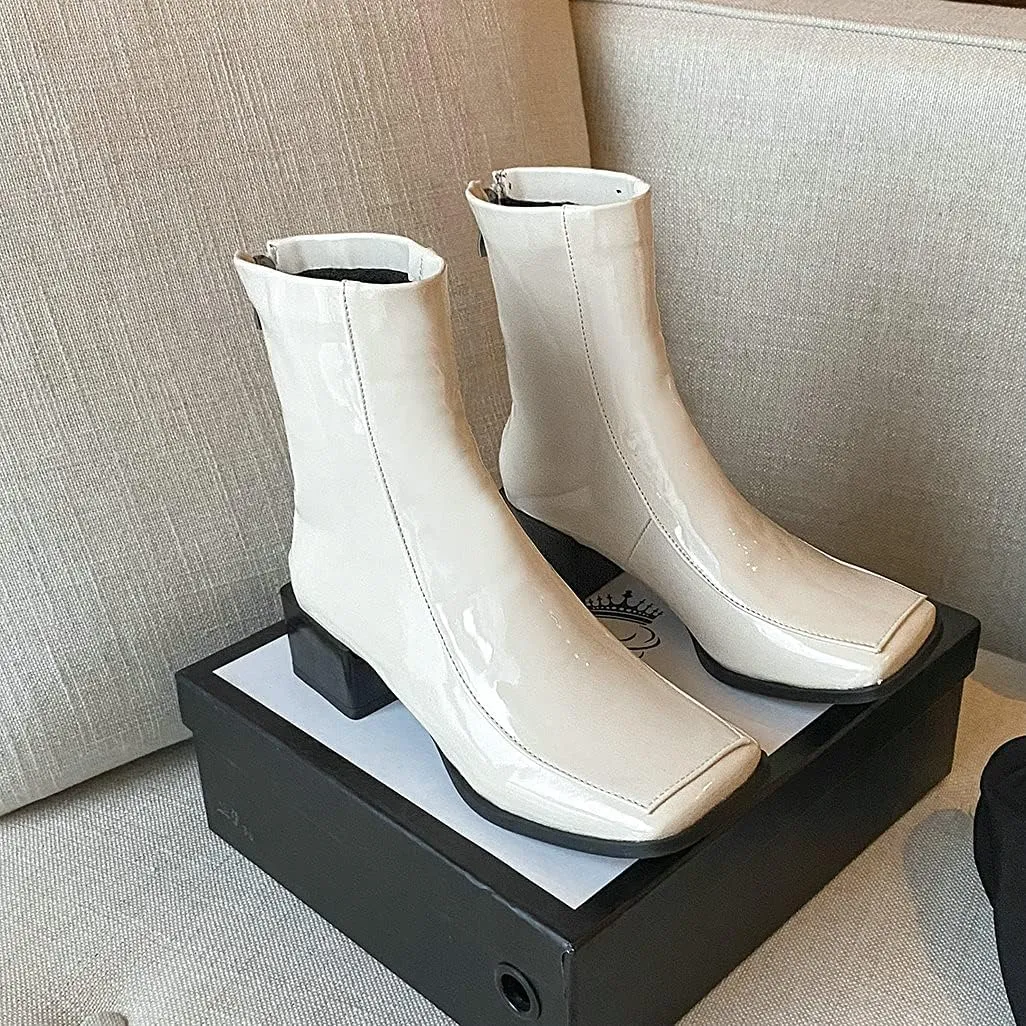 Shinelly Women Mid Heel Square Toe Booties Patent Leather Boots