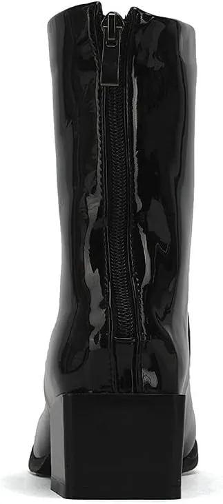 Shinelly Women Mid Heel Square Toe Booties Patent Leather Boots