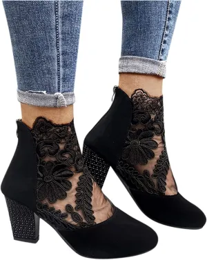 Shoes for Women Sandals, Womens Sandals Sexy Hollow Floral Lace Chunky High Heels Peep Toe Platform Boots